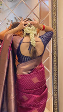 Wine Maroon Banarasi Silk Saree with Antique Gold Zari Border & Striped Weave