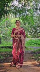 Elegant Magenta Silk Saree with Gold Zari Paisley Motifs