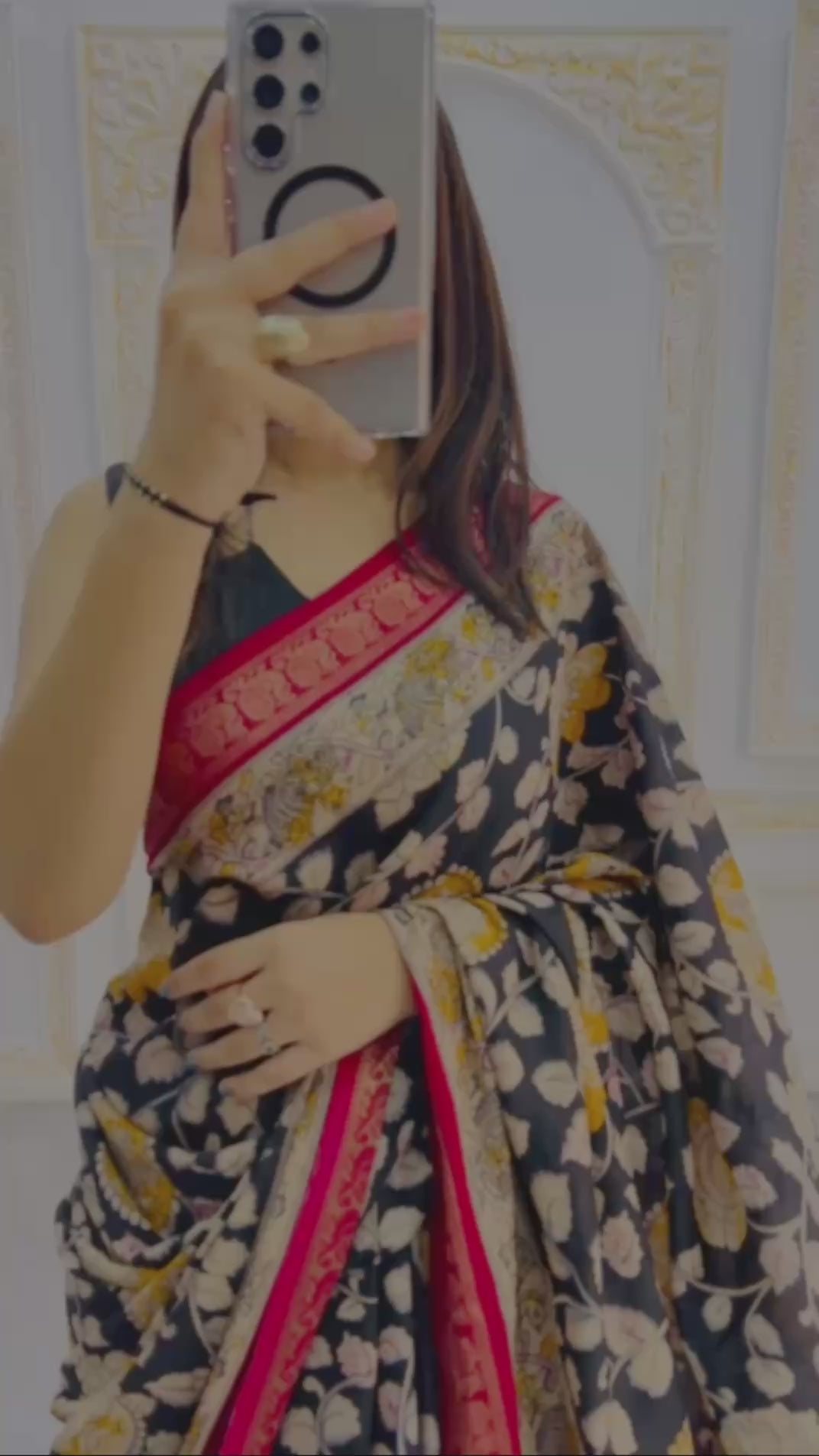 Noir Regal Mal Mal Silk Saree with Antique Gold Floral Zari & Crimson Border