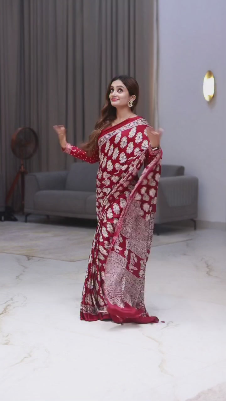 Royal Maroon Soft Silk Saree with Traditional Floral Print & Designer Ethnic Pallu