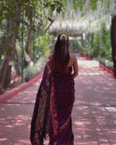 Elegant Wine Purple Satin Silk Saree with Minimal Motif Work and Modern Blouse Look
