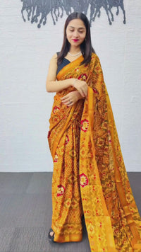 Royal Mustard Yellow Patola Silk Saree with Multicolor Traditional Weaving | Premium Festive & Cultural Wear