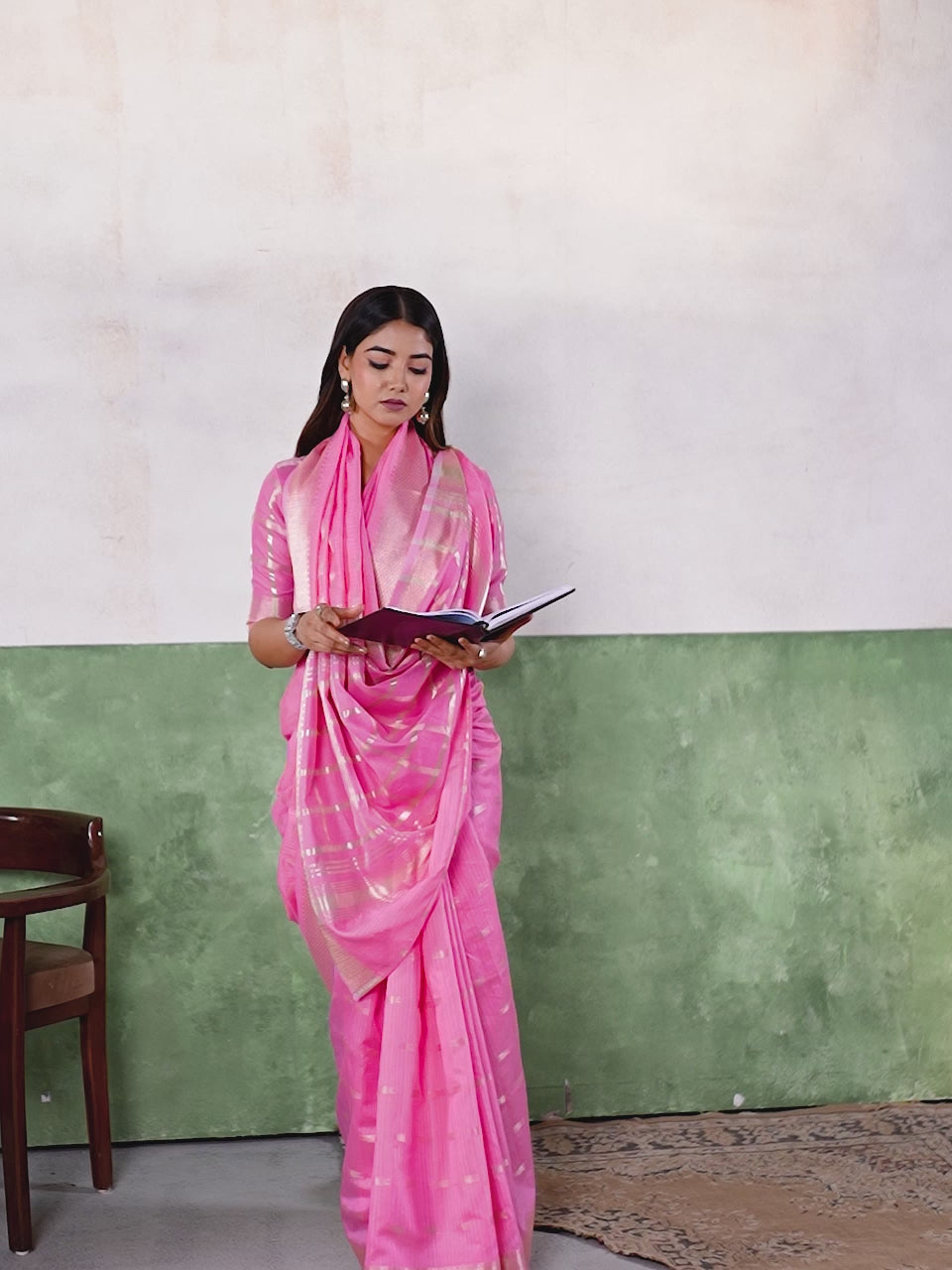 Candy Pink Banarasi Silk Saree with Golden Zari Weaving