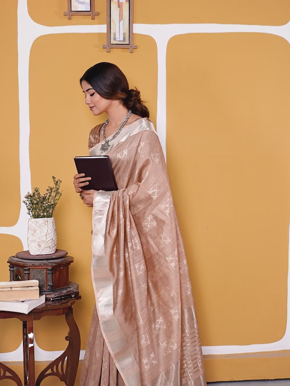 Blush Rose Gold Banarasi Silk Saree with Metallic Zari Weaving