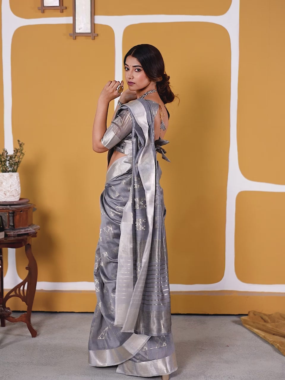 Smoky Grey Banarasi Silk Saree with Silver Zari Weaving