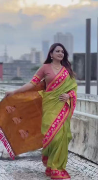 Parrot Green & Magenta Premium Luxury Silk Saree with Elephant Zari Motifs & Heavy Lotus Border