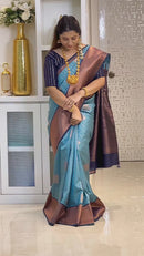 Teal Blue & Navy Banarasi Silk Saree with Antique Gold Zari Border