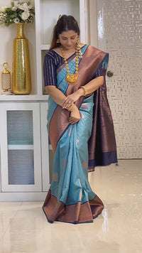 Teal Blue & Navy Banarasi Silk Saree with Antique Gold Zari Border