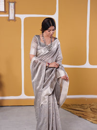 Elegant Metallic Grey Banarasi Silk Saree with Golden Zari Weaving