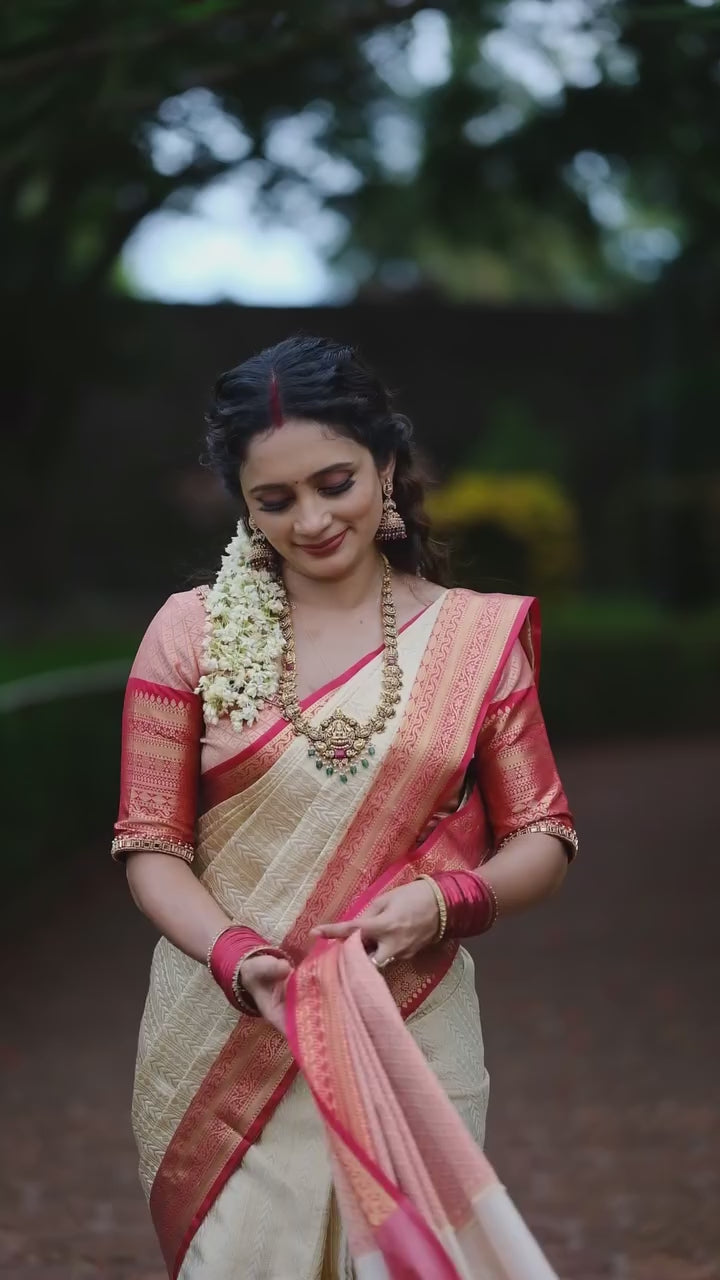 Authentic Ivory & Crimson Red Kanchipuram Silk Saree with Traditional Gold Zari
