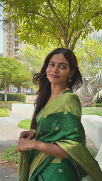 Elegant Emerald Green Linen Cotton Saree with Silver Butti Work & Contrast Border