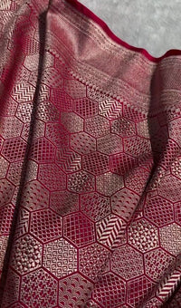 Rose Red Banarasi Silk Saree with All-Over Hexagon Zari Weaving & Rich Border | Premium Wedding Wear