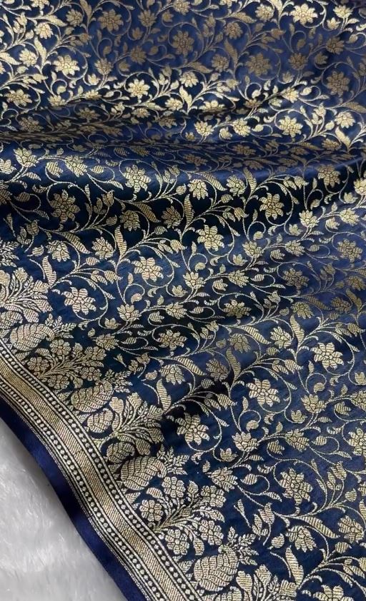 Midnight Blue Banarasi Silk Saree with All-Over Gold Zari Floral Jaal Weaving