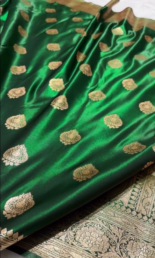 Emerald Green Banarasi Silk Saree with Gold Zari Paisley Buttas & Regal Border