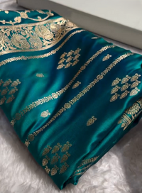 Teal Blue Banarasi Silk Saree with Gold Zari Floral Motifs and Rich Border