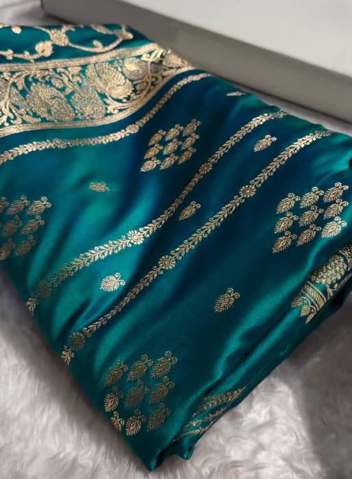 Teal Blue Banarasi Silk Saree with Gold Zari Floral Motifs and Rich Border
