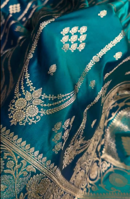 Teal Blue Banarasi Silk Saree with Gold Zari Floral Motifs and Rich Border