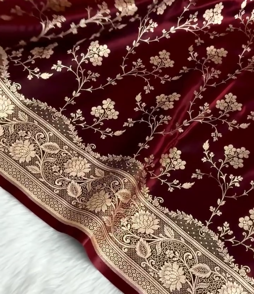 Royal Maroon Silk Saree with Heavy Gold Zari Floral Weaving