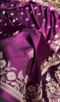 Royal Purple Banarasi Silk Saree with Silver Zari Butti & Floral Border | Premium Wedding & Festive Wear