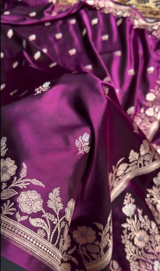 Royal Purple Banarasi Silk Saree with Silver Zari Butti & Floral Border | Premium Wedding & Festive Wear