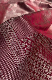 Rose Red Banarasi Silk Saree with All-Over Hexagon Zari Weaving & Rich Border | Premium Wedding Wear