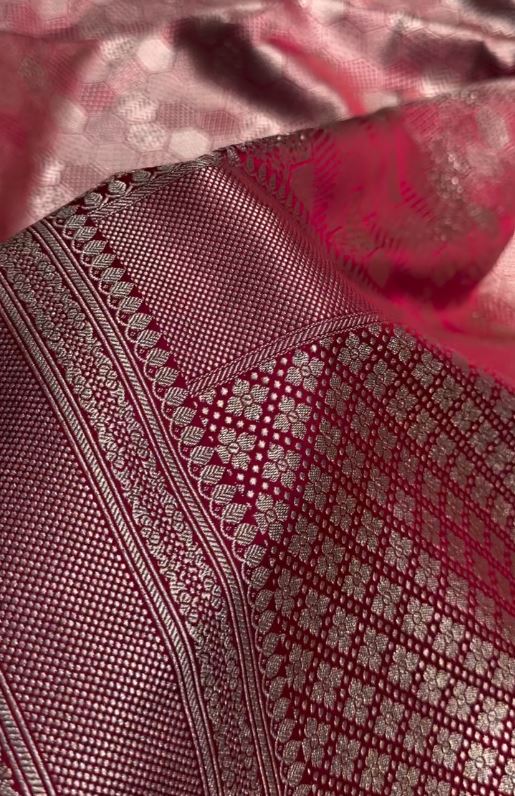 Rose Red Banarasi Silk Saree with All-Over Hexagon Zari Weaving & Rich Border | Premium Wedding Wear