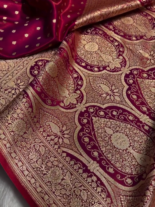 Deep Wine Banarasi Silk Saree with Gold Zari Butta and Heavy Traditional Border