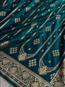 Teal Blue Banarasi Silk Saree with Gold Zari Floral Motifs and Rich Border