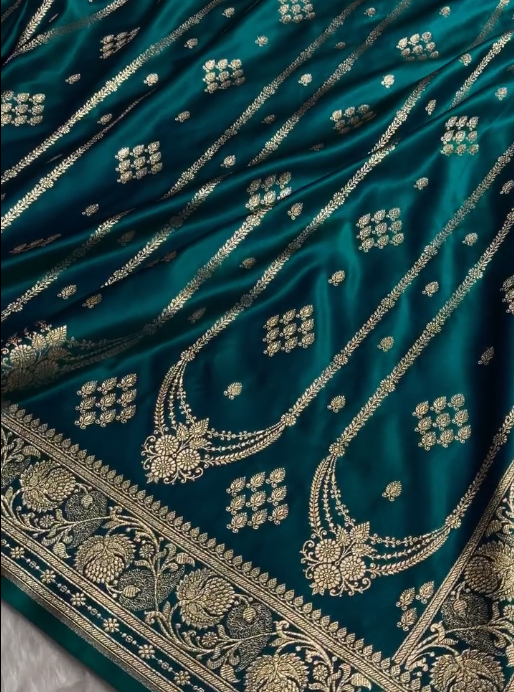 Teal Blue Banarasi Silk Saree with Gold Zari Floral Motifs and Rich Border
