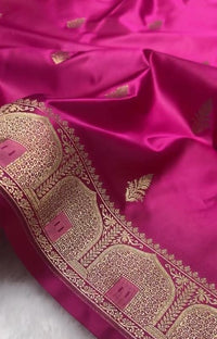 Royal Rani Pink Banarasi Silk Saree with Gold Zari Border & Delicate Buttas