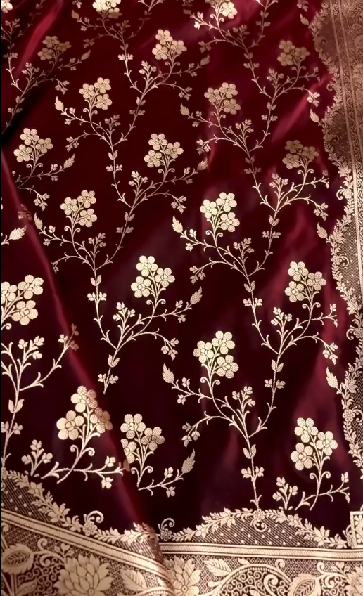 Royal Maroon Silk Saree with Heavy Gold Zari Floral Weaving